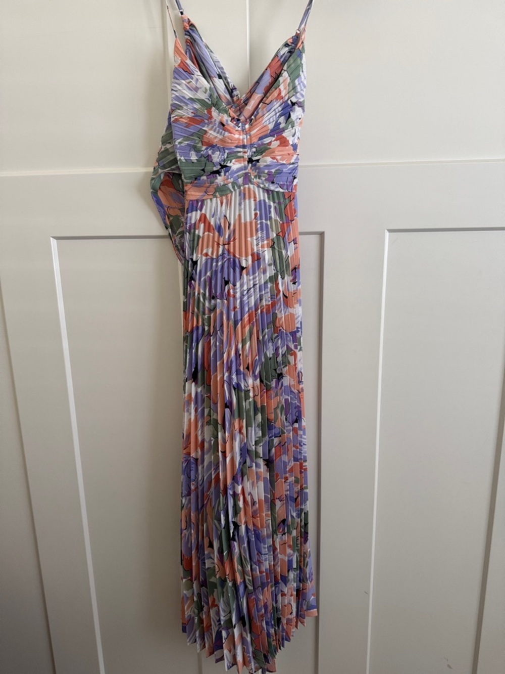 Astr Pleated Floral Maxi Dress in Lavender, Peach and Green